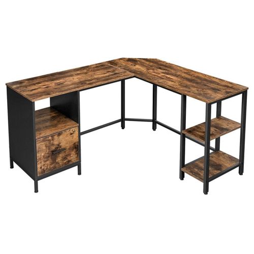 Bureau D'angle Table En Forme De L Avec Caisson À Dossiers Suspendus 2 Étagères Bureau À Domicile Montage Facile Cadre En Acier Style Industriel Marron Rustique Et Noir Helloshop26 12_0001336