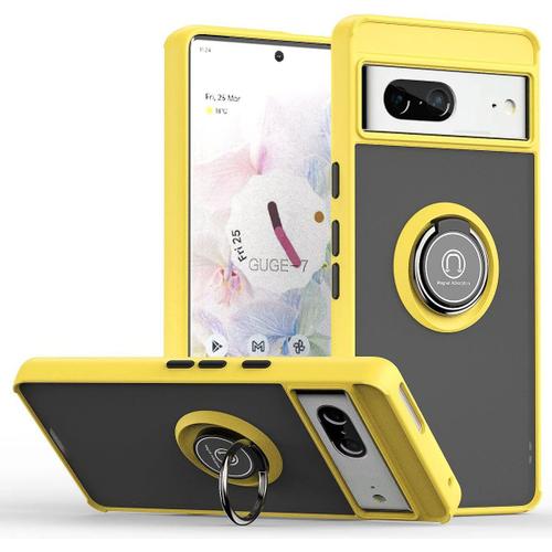 Coque Pour Google Pixel 7, Ultra Mince Hard Pc Phone Etui, Tpu Bordure En Antidérapant Anti-Empreintes Digitales Avec Support De Bague. Jaune