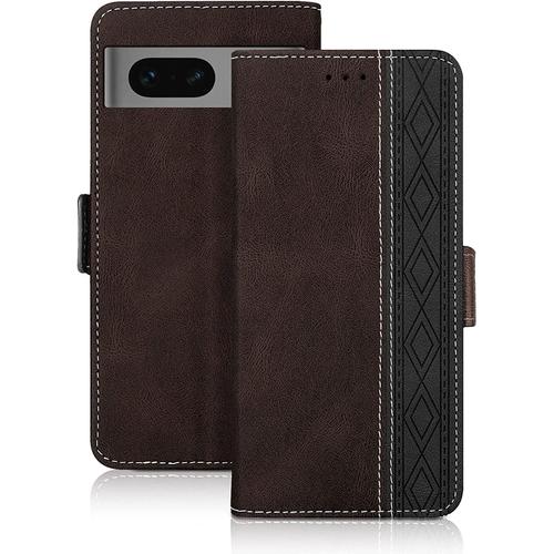 Coque Google Pixel 7, Haute Qualité Cuir Pu Étui Avec Fente Pour Carte Fonction Support Housse Magnétique Coque Compatible Avec Pixel 7, Brun