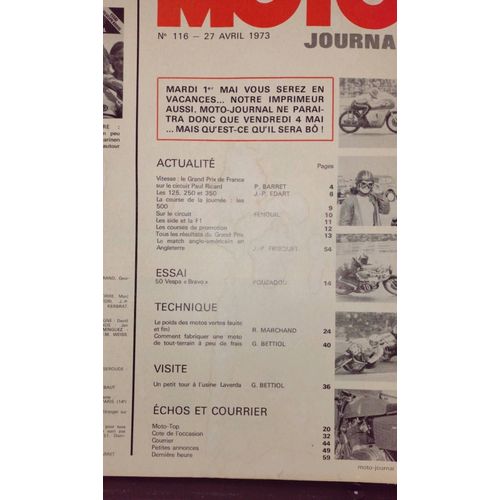 Moto Journal N°116 27 Avril 1973 Gp De France Vespa 50 Bravo 