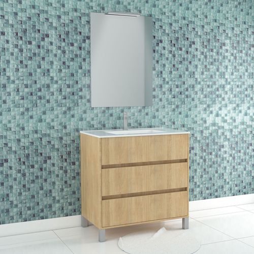 Pack Meuble Salle De Bains 80cm Chêne Clair 3 Tiroirs, Vasque, Miroir 60x80 Et Réglette Led - Xenos