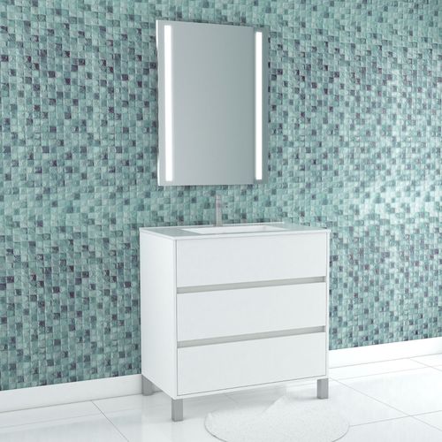 Pack Meuble Salle De Bains 80cm Blanc 3 Tiroirs, Vasque, Miroir 60x80 À Leds Intégrées - Xenos