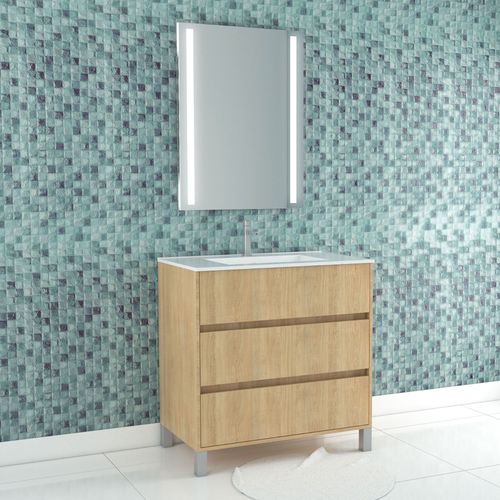 Pack Meuble Salle De Bains 80cm Chêne Clair 3 Tiroirs, Vasque, Miroir 60x80 À Leds Intégrées - Xenos
