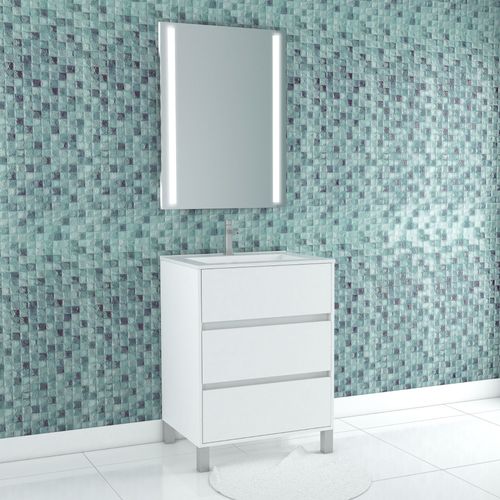 Pack Meuble Salle De Bains 60cm Blanc 3 Tiroirs, Vasque, Miroir 60x80 À Leds Intégrées - Xenos