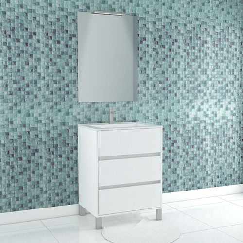 Pack Meuble Salle De Bains 60cm Blanc 3 Tiroirs, Vasque, Miroir 60x80 Et Réglette Led - Xenos