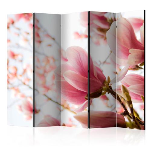 Paravent 5 volets panneaux cloison séparateur de pièce toile intissé pliable recto verso Magnolia rose 225x172 cm 11_0011419
