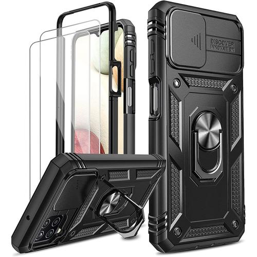 Coque Pour Samsung Galaxy A12/M12 Avec 2 Verre Trempe, 360 Full Body Protection De La Camera En Pc Dur Anti-Chut Renforcee Armor Heavy Duty Antichoc Bumper Housse Etui Noir