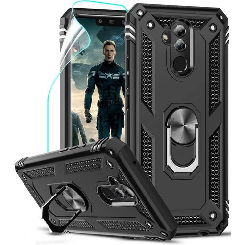 Coque Pour Huawei Mate 20 Lite Avec Protection Écran, 360° Support Rotatif Militaire Anti-Chute Renforcée Bumper Antichoc Tpu Souple Et Pc Rigide Protection Etui Pour Huawei Mate 20 Lite Noir