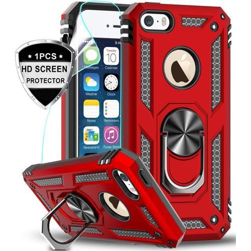 Coque Pour Apple Iphone Se 2016, Iphone 5/ 5s Avec Anneau Support, Double Couche Renforcée Défense Bumper Tpu Silicone Antichoc Armure Housse Etui Avec Protection Écran Iphone Se 2016/5s/5 Rouge