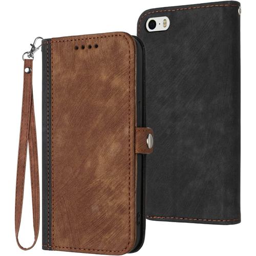 Coque Pour Iphone Se 2016 / Iphone 5/5s (4,0 Pouces), Etui En Cuir Pu Housse De Protection Rabat Portefeuille Avec Rangements De Cartes Et Pochette Fermeture Magnétique Flip Béquille (Marron)