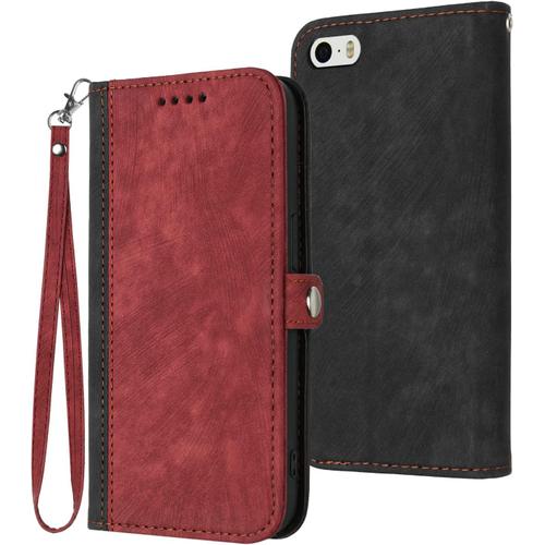 Coque Pour Iphone Se 2016 / Iphone 5/5s (4,0 Pouces), Etui En Cuir Pu Housse De Protection Rabat Portefeuille Avec Rangements De Cartes Et Pochette Fermeture Magnétique Flip Béquille (Rouge)