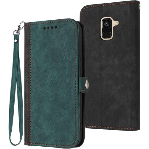 Coque Pour Samsung Galaxy A8 2018, Etui En Cuir Pu Premium Housse De Protection Rabat Portefeuille Avec Rangements De Cartes Et Pochette Fermeture Magnétique Flip Béquille (Vert)