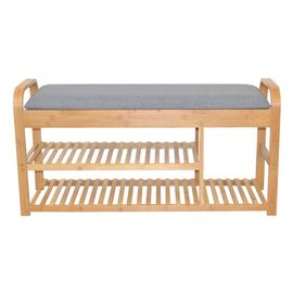 Banc Banquette En Bambou Avec Deux Étagères Couleur Naturelle Avec Assise Matelassée Grise Relevable 05_0000669