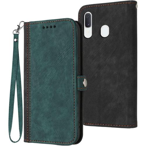 Coque Pour Samsung Galaxy A20e / A10e, Etui En Cuir Pu Premium Housse De Protection Rabat Portefeuille Avec Rangements De Cartes Et Pochette Fermeture Magnétique Flip Béquille (Vert)