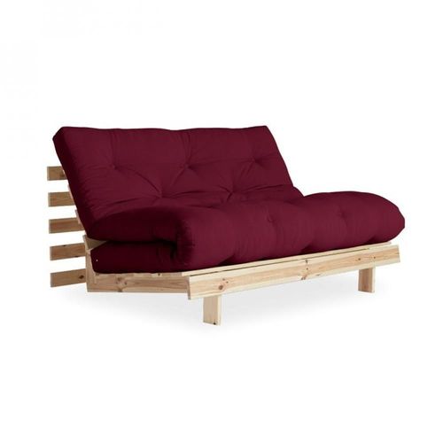 Canapé Convertible Futon Roots Pin Naturel Tissu Bordeaux Couchage 160*200 Cm