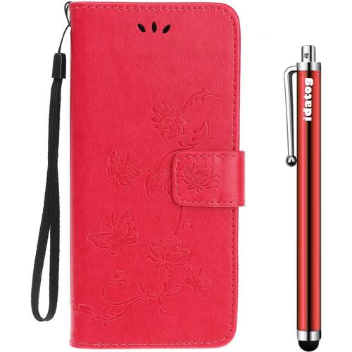 Idatog Coque Pour Huawei Honor 10,[Conception De Lotus] Flip Cover Étui De Protection Housse En Pu Cuir Avec Tpu Souple [Fente De Carte] [Fermeture Magnétique] (Rouge)