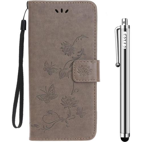 Idatog Coque Pour Huawei Mate 20 Pro,[Conception De Lotus] Flip Cover Étui De Protection Housse En Pu Cuir Avec Tpu Souple [Fente De Carte] [Fermeture Magnétique] (Gris)