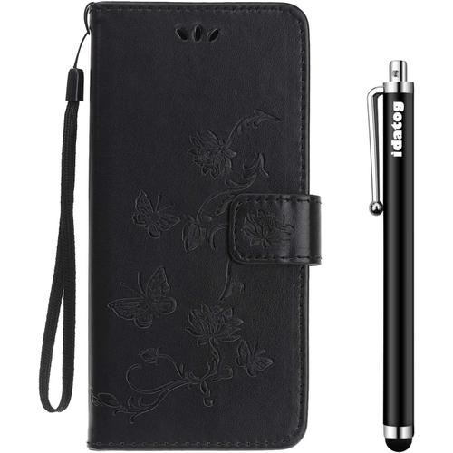 Idatog Coque Pour Huawei P10,[Conception De Lotus] Flip Cover Étui De Protection Housse En Pu Cuir Avec Tpu Souple [Fente De Carte] [Fermeture Magnétique] (Noir)