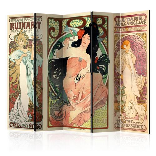 Paravent 5 volets panneaux cloison séparateur de pièce toile intissé pliable recto verso Alphonse Mucha 225x172 cm 11_0010384