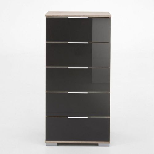 Commode Ensse 5 Tiroirs Chêne Et Verre Gris