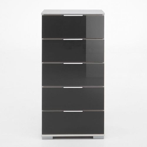 Commode Ensse 5 Tiroirs Blanc Et Verre Gris