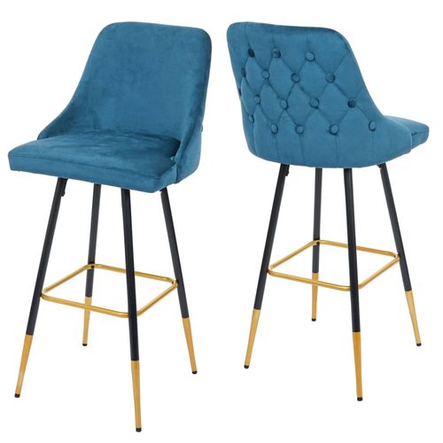 2x Tabourets De Bar Comptoir Chaise Haute Pieds Dorés En Velours Design Rétro Pétrole Dossier Capitonné 04_0005220