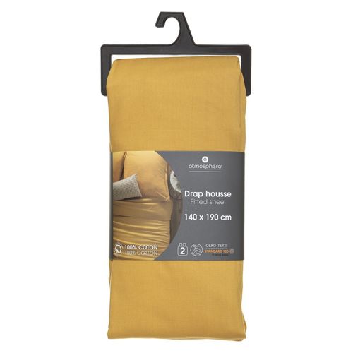 Drap Housse Bonnet 30 Cm 100% Coton 2 Places 140x190 Cm - Jaune Ocre