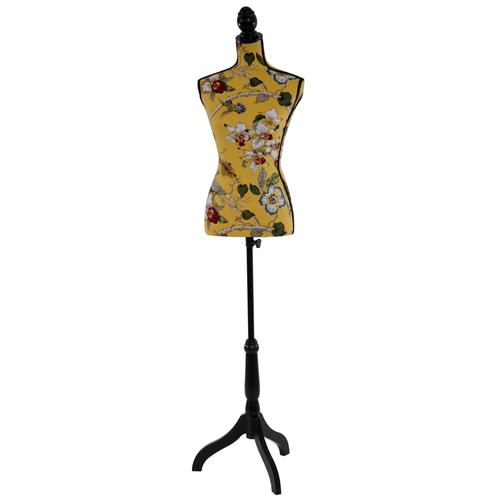 Buste de couture féminin sur pieds hauteur régable mannequin femme déco vitrine fibre de verre jaune avec des fleurs 04_0004287