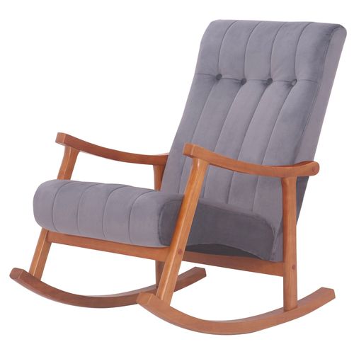 Fauteuil À Bascule En Velours Gris Avec Boutons Décoratifs Piètement En Bois Couleur Noyer Fab10082