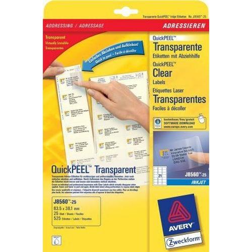 Paquet 25 Feuilles D'étiquettes Transparentes Quickpeel-Imprimantes À Jet D'encre-63,5x38,1 Mm Oiseau