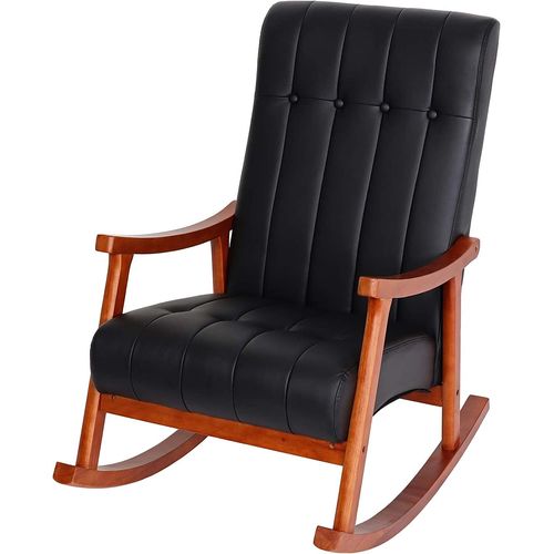 Fauteuil À Bascule Rocking Chair Relax Avec Accoudoirs En Synthétique Noir Cadre Aspect Noyer Fab04033