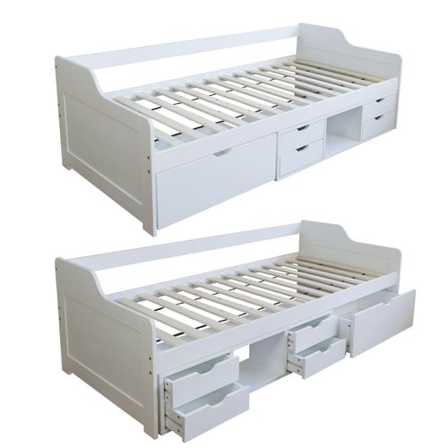 Lit Simple Avec Sommier À Lattes Et Tiroirs De Rangement En Pin Blanc 90x200 Lit06234