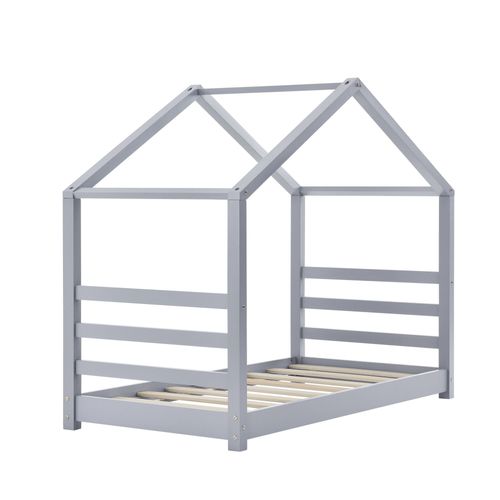 Lit Pour Enfant Cabane Maison Avec Sommier À Lattes Bois De Pin Gris 70 X 140 Cm 03_0005502