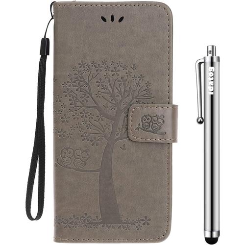 Vergist Coque Pour Samsung Galaxy Note 10,[Conception De Hibou] Flip Cover Étui De Housse En Pu Cuir Avec Tpu Souple [Fente De Carte] [Fermeture Magnétique] (Gris)