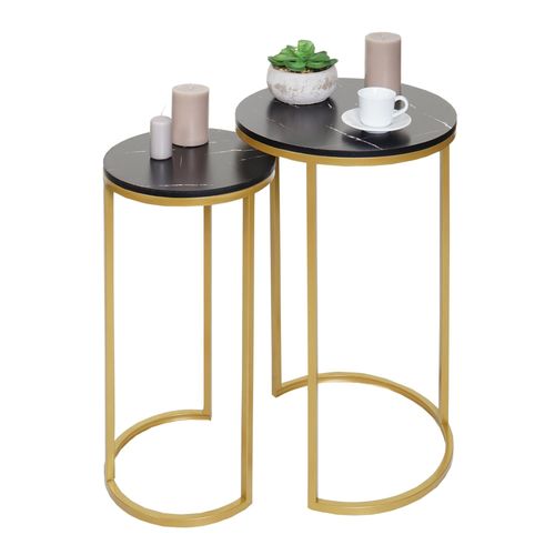 Lot De 2 Tables D'appoint Hwc-K46, Table Basse Aspect Marbré Mvg-Certifié Mdf   Noir-Or
