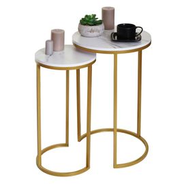 Lot De 2 Tables D'appoint Hwc-K46 Table De Salon, Aspect Marbré Mvg-Certifié Mdf   Blanc-Or