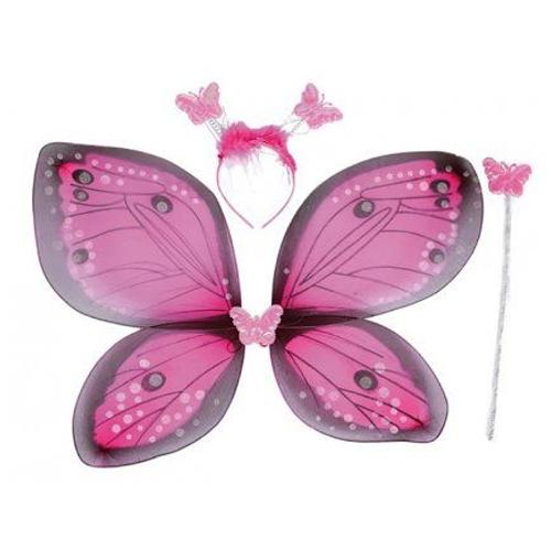Deguisement Fee Papillon Rose Enfant 3 Pieces : Ailes 56x41cm , Serre Tete, Baguette Magique - Accessoires - Set Fille Et Carte