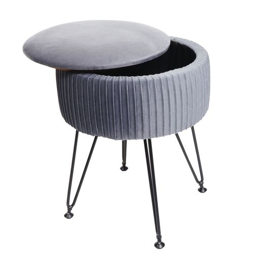 Pouf Hwc-K47 Compartiment De Rangement Ø 33cm Aspect Velours   Gris Clairs Piètement Noir