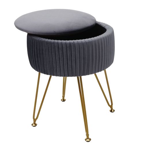 Pouf Hwc-K47, Tabouret Avec Compartiment De Rangement, Ø 33cm, Aspect Velours   Gris Clairs, Piètement Or