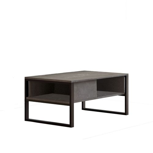 Table Basse Avec 2 Niches De Rangement En Panneaux De Particules Et Métal - Noir Et Gris Effet Pierre