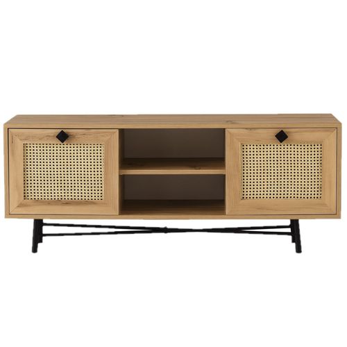 Meuble Tv En Panneaux De Particules Avec 2 Niches De Rangement Et 2 Portes Abattantes En Cannage - Beige