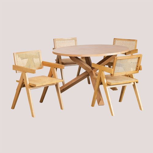 Ensemble Table À Manger Ronde Mieren (Ø120 Cm) Et 4 Chaises Avec Accoudoirs En Bois De Frêne Et Rotin Lali Style Bois Naturel