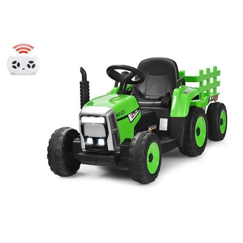 Costway 12 V Tracteur Electrique Enfants Avec Remorque, Télécommande 2,4g, 3 Vitesses, Led, Musique, Klaxon, Usb Et Bluetooth, Vert