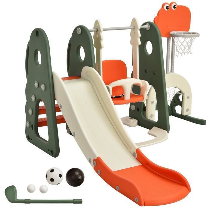 Costway Ensemble Toboggan Balançoire 6 En 1: Basket-Ball, Football, Escalade, Golf - Jouet Exterieur Intérieure 18 Mois + Orange