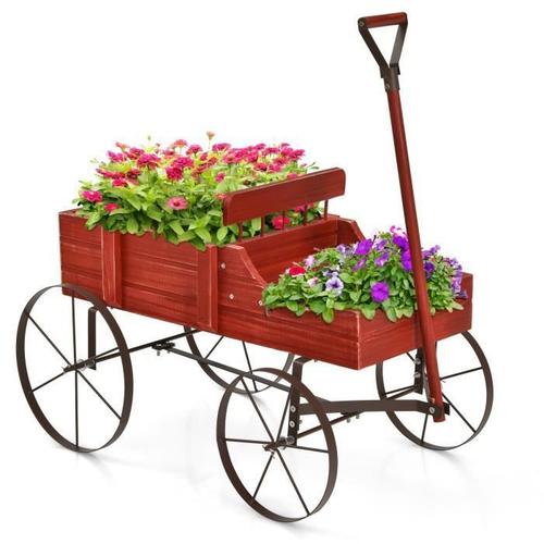 COSTWAY Brouette Décorative en Bois avec 2 Compartiments à Planter Roues Métalliques Poignée Charge 15kg pour Cour Rouge