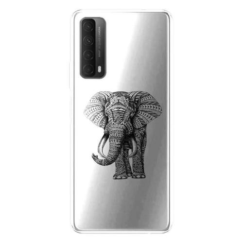 Coque Huawei P Smart 2021 Noir Dessin Blanc Elephant