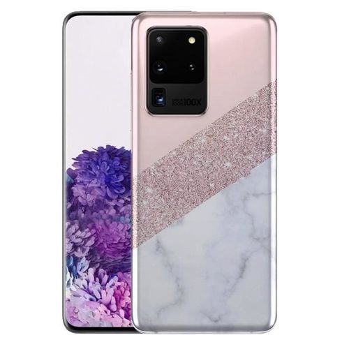 Coque Samsung S20 Ultra Marbre Rose Stras, Coque S20 Antichocs, Coque Bumper Silicone Motif Fun, Compatible Samsung Galaxy S20 Ultra