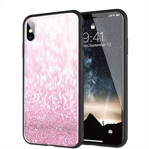 Coque Iphone 7 Strass Et Paillettes Roses, Vitre Arrière Plexiglass + Bumper Tpu Antichocs - Motif Fun, Compatible Iphone 7 / 8