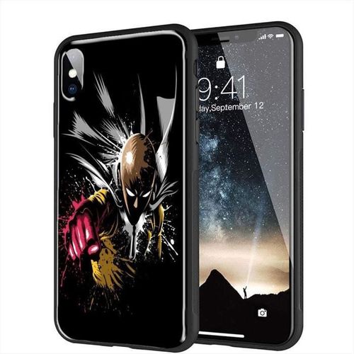 Coque Iphone X Manga One Punch Man, Vitre Arrière Plexiglass + Bumper Tpu Antichocs - Motif Manga, Compatible Iphone X, Xs