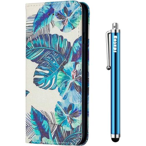 Coque Pour Huawei Y6 2019 / Honor 7a, Créatif Peint Flip Cover Étui Housse En Pu Cuir Avec Tpu Silicone Souple [Fente De Carte] [Fermeture Magnétique] [Fonction Stand] (Feuilles Bleues)